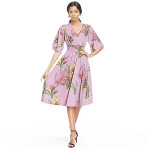 Delightful Pink Butterfly Sleeve Shirred High Waist A Line Midi Dress