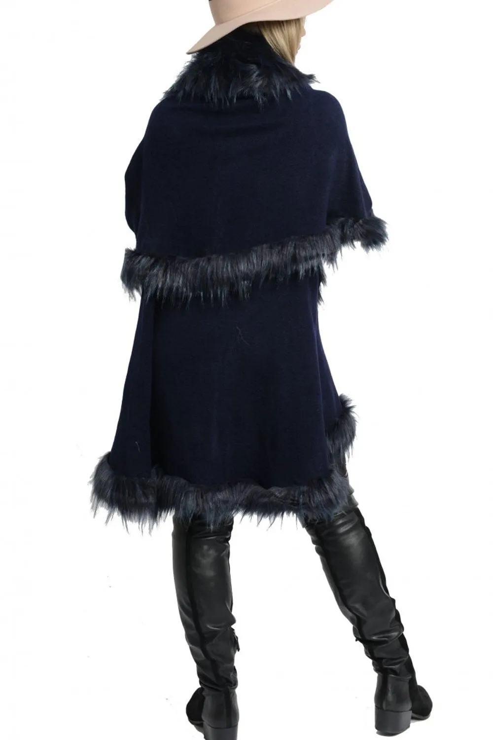 Double Layered Faux Fur Trim Poncho