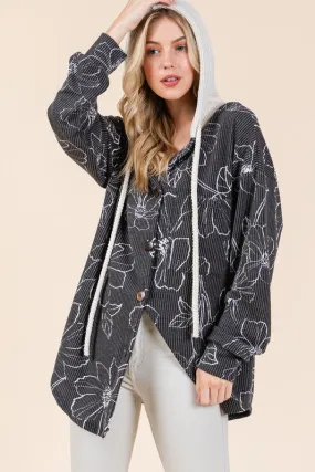 Drawstring Flower Print Button Up Shacket