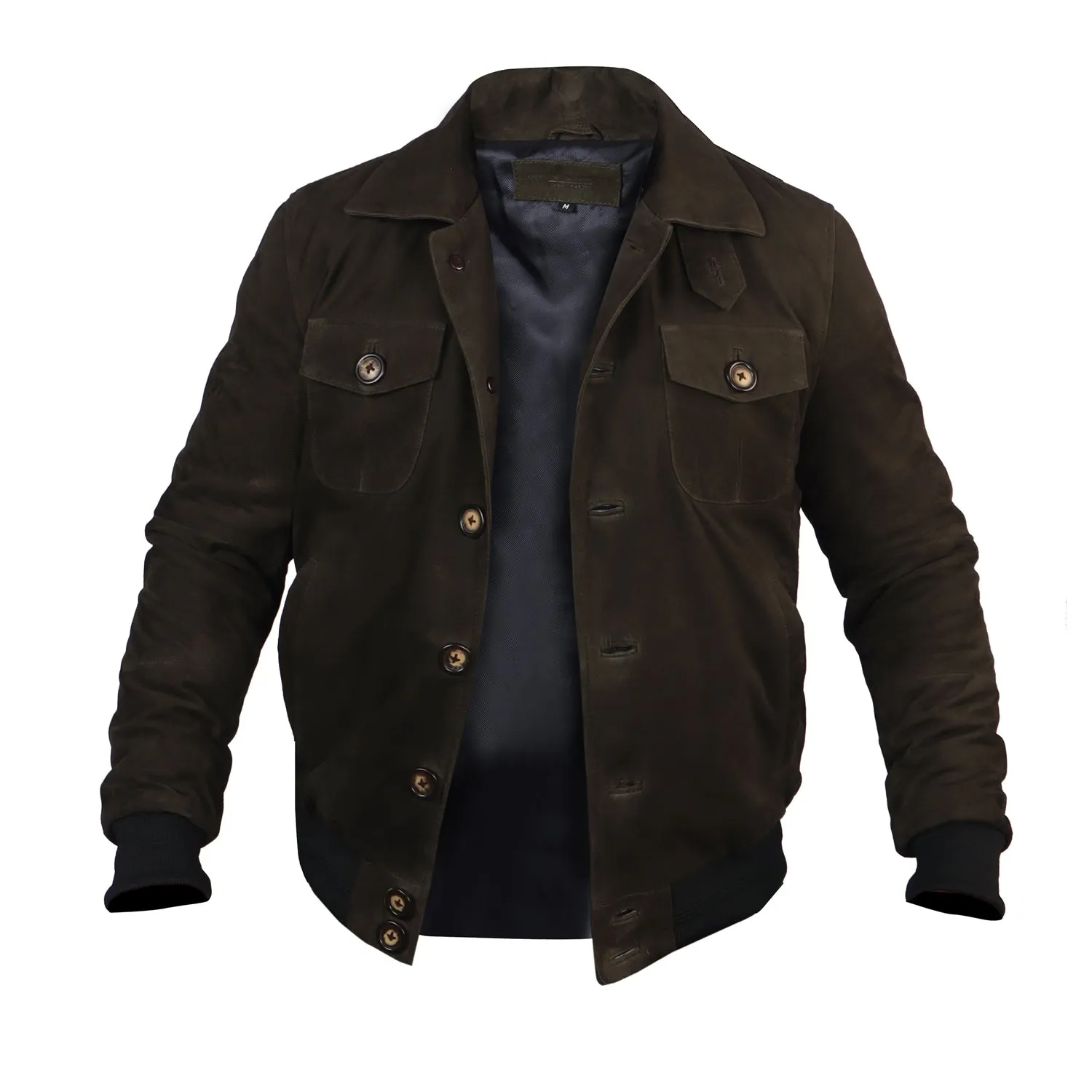 Dual Collar Bomber Olive Suede Leather Jacket For Men with Flap Pockets Button Closure By Brune And Bareskin