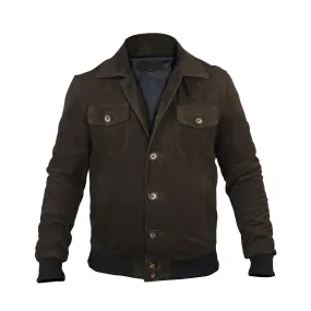 Dual Collar Bomber Olive Suede Leather Jacket For Men with Flap Pockets Button Closure By Brune And Bareskin