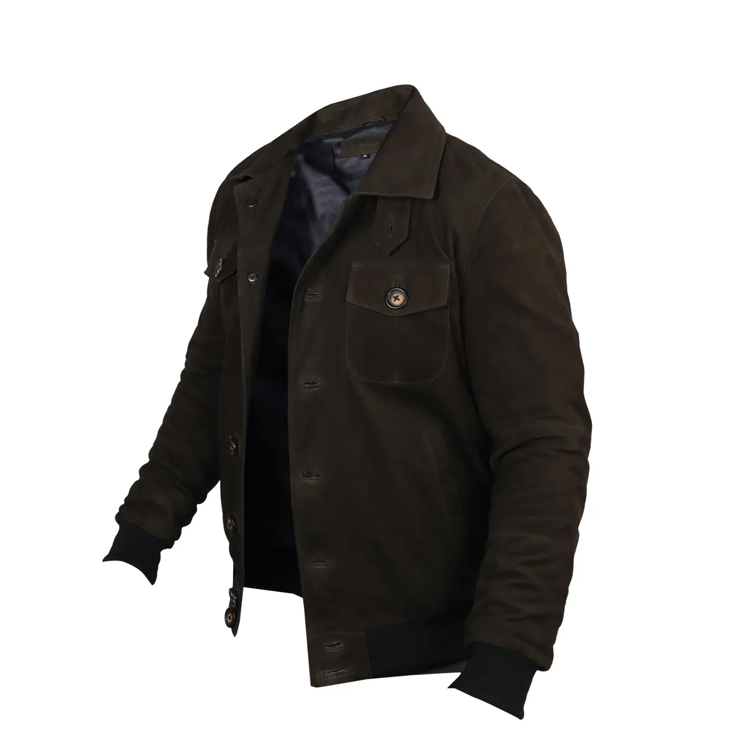 Dual Collar Bomber Olive Suede Leather Jacket For Men with Flap Pockets Button Closure By Brune And Bareskin