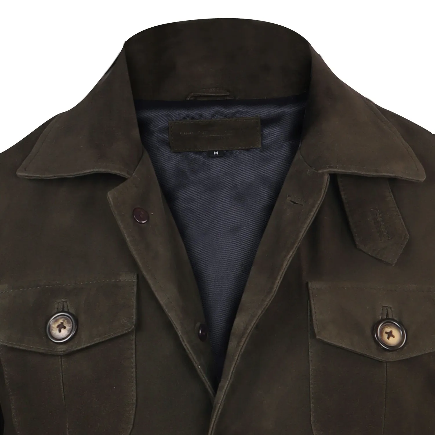 Dual Collar Bomber Olive Suede Leather Jacket For Men with Flap Pockets Button Closure By Brune And Bareskin