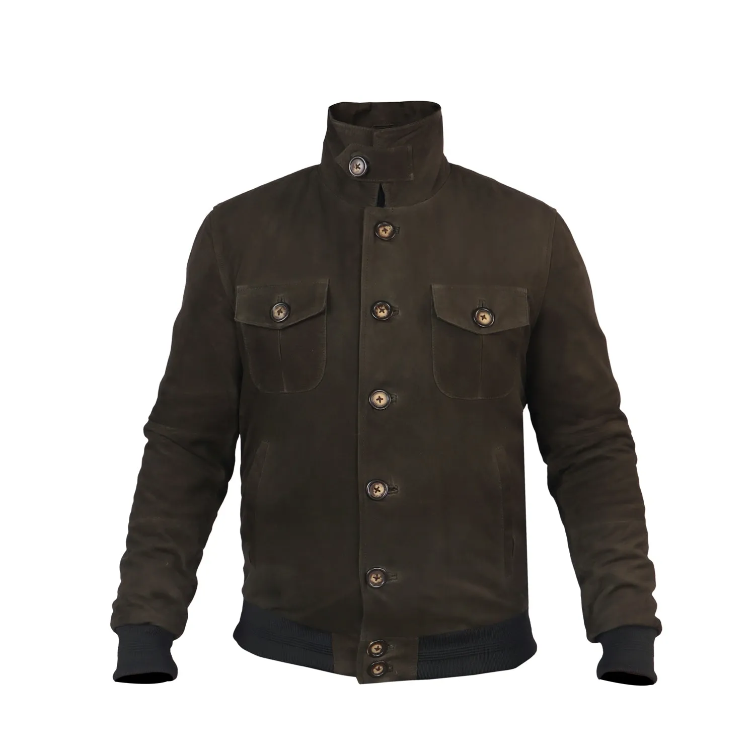 Dual Collar Bomber Olive Suede Leather Jacket For Men with Flap Pockets Button Closure By Brune And Bareskin