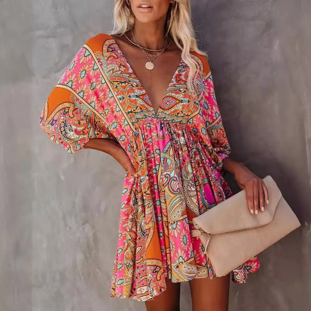 DUNNMALL  European and American Express  EBay Sexy V-neck Waist Trimming Printing Bohemian Dress MP-685