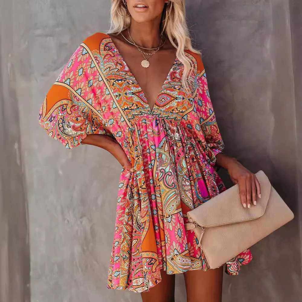 DUNNMALL  European and American Express  EBay Sexy V-neck Waist Trimming Printing Bohemian Dress MP-685