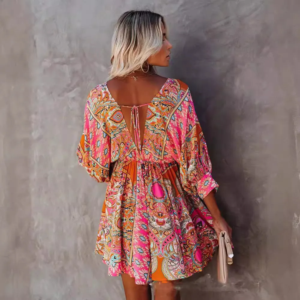 DUNNMALL  European and American Express  EBay Sexy V-neck Waist Trimming Printing Bohemian Dress MP-685