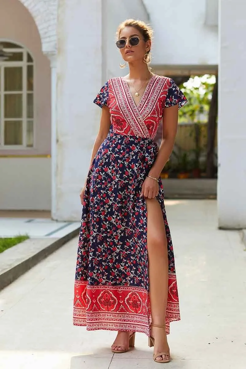 Dunnmall Fashion Casual Printed Maxi Dress