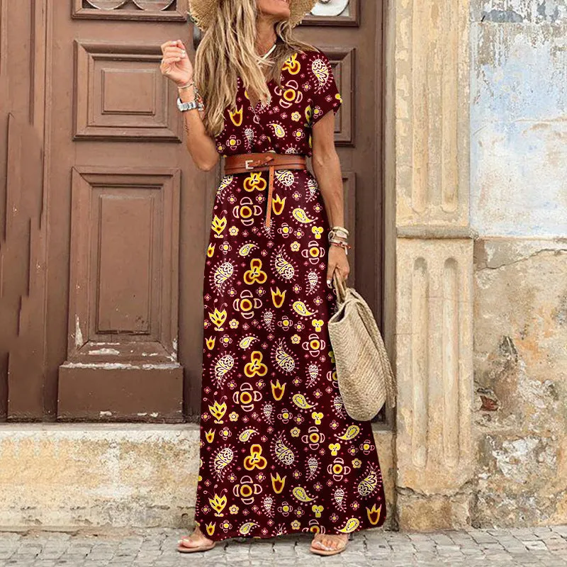 DUNNMALL  Independent Station  Wish Hot Sale European and American Fashion Bohemian Style V-neck Floral Dress