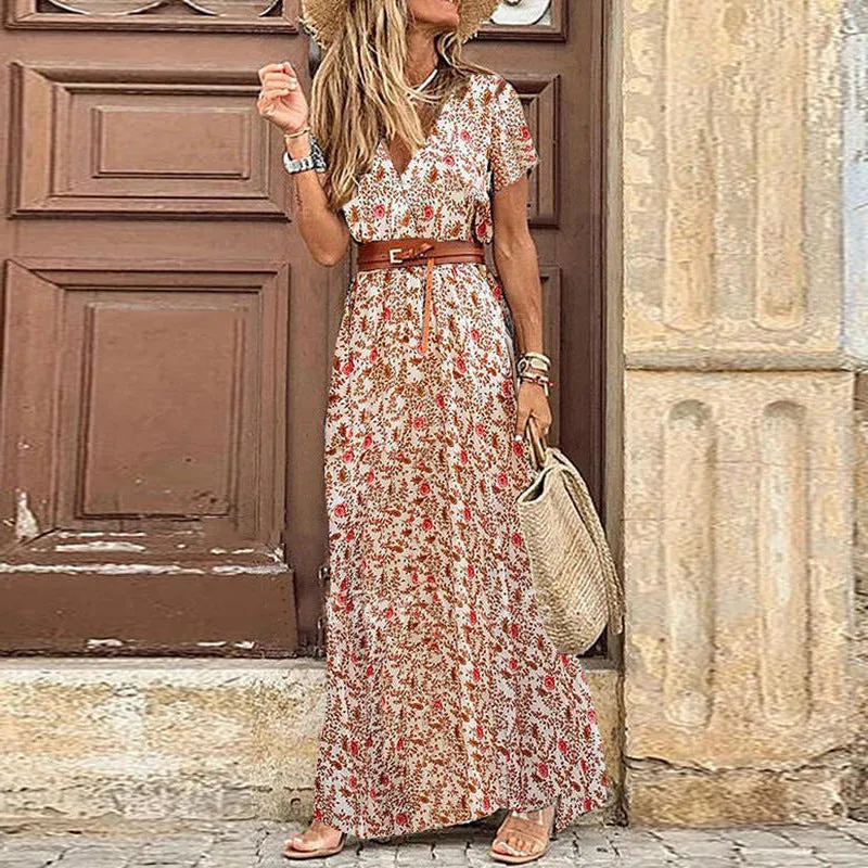 DUNNMALL  Independent Station  Wish Hot Sale European and American Fashion Bohemian Style V-neck Floral Dress