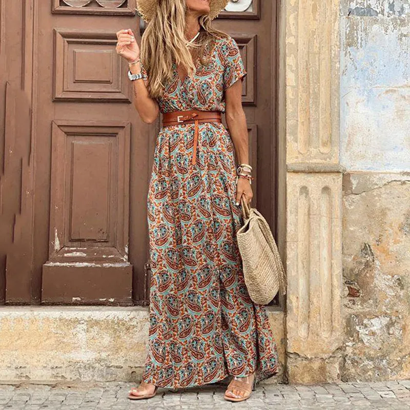 DUNNMALL  Independent Station  Wish Hot Sale European and American Fashion Bohemian Style V-neck Floral Dress