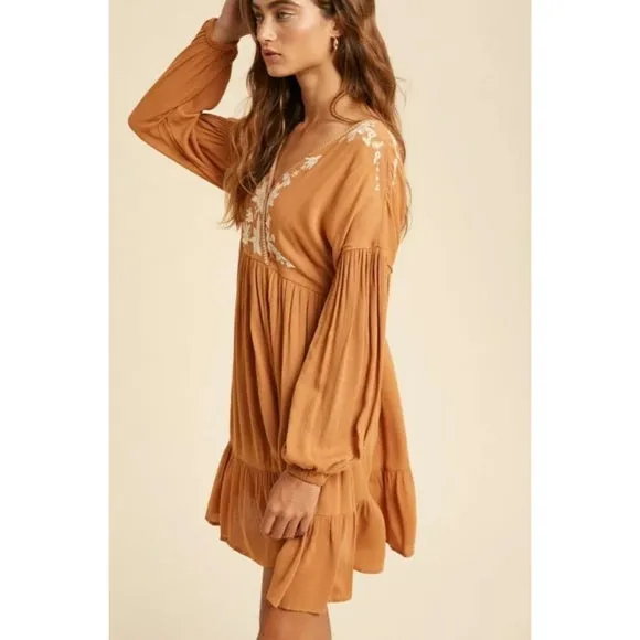 Earthen Boho Surplice Wrap Floral Embroidered Long Sleeve Ruffed Hem Mini Dress