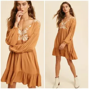 Earthen Boho Surplice Wrap Floral Embroidered Long Sleeve Ruffed Hem Mini Dress