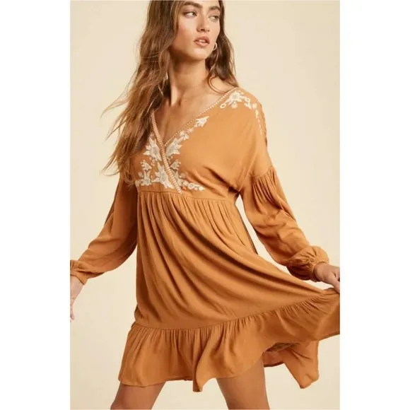 Earthen Boho Surplice Wrap Floral Embroidered Long Sleeve Ruffed Hem Mini Dress