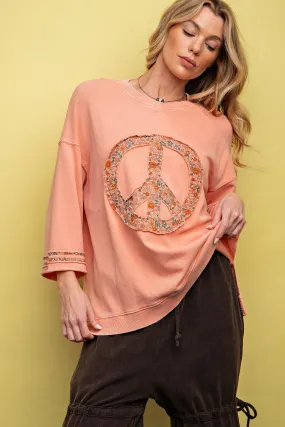 Easel Floral Peace Sign Pullover in Coral