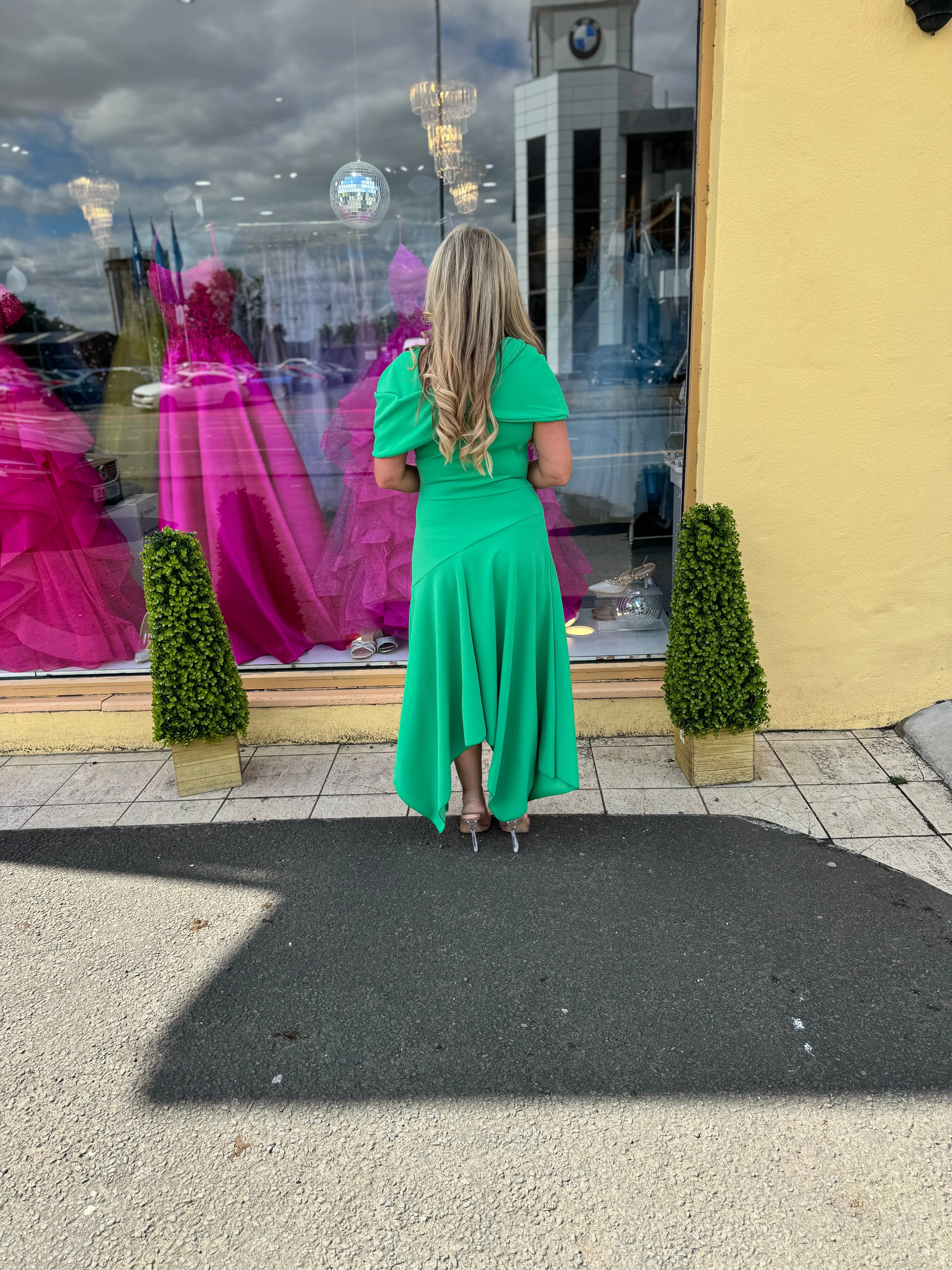 Eliza handkerchief hemline skater dress emerald green