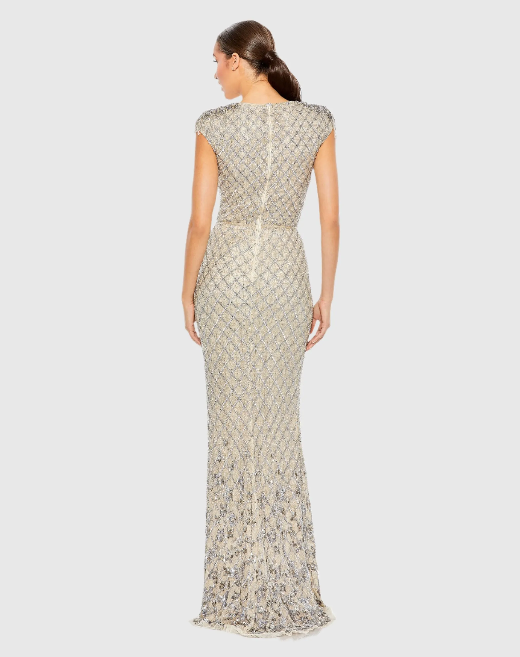 Embellished Crystal Cap Sleeve Column Gown