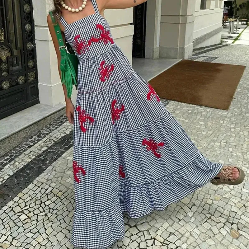 Embroidered Printed Slim Party 's Off the Shoulder Hollow Long Plaid Strap Summer Elegant Dress