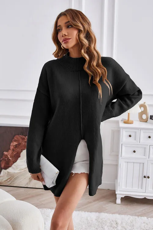 Exposed Seam Mock Neck Slit Sweater