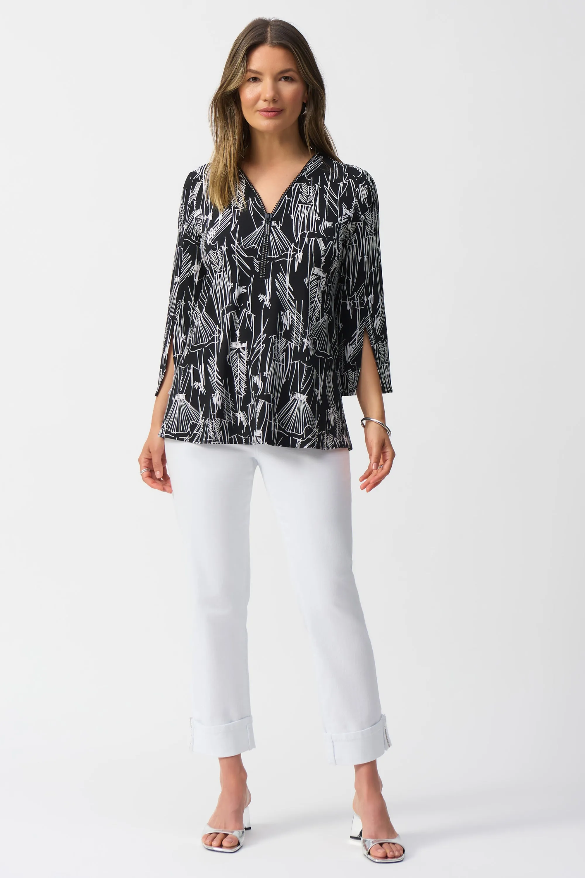 FASHION PRINT ZIP NECK TOP