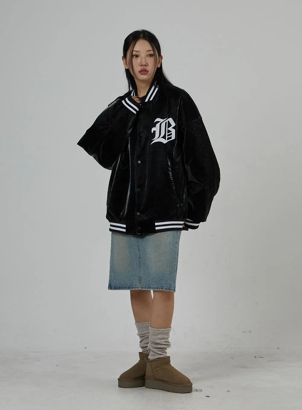 Faux Leather Oversized Graphic Jacket Unisex CD27