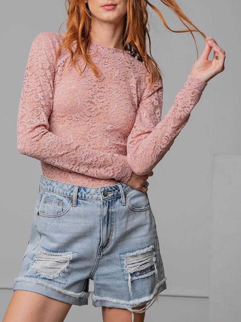 Fitted Lace Long Sleeve - Dusty Rose FINAL SALE