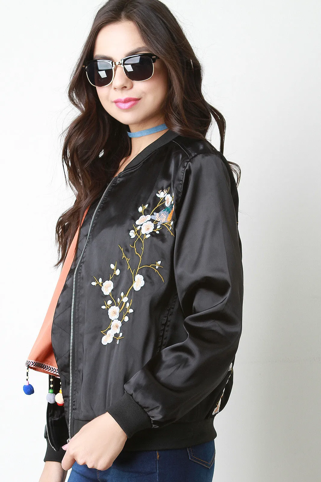 Floral Embroidered Charmeuse Bomber Jacket