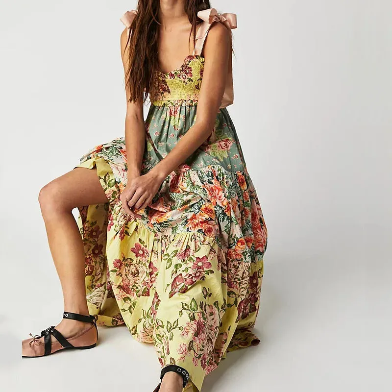 Floral Print High Waist V-Neck Bow Spaghetti Strap Bohemian Casual Pleated Long Summer Vintage Dress