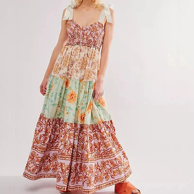 Floral Print High Waist V-Neck Bow Spaghetti Strap Bohemian Casual Pleated Long Summer Vintage Dress