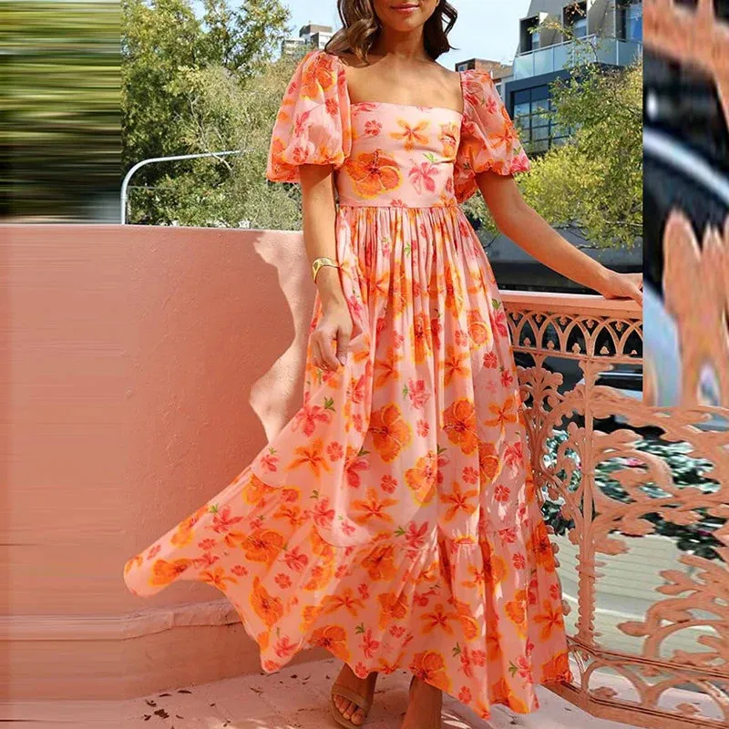 Floral Print High Waisted New 2024 Square Neck Pleated Casual Puff Sleeve Party Summer Elegant Dress