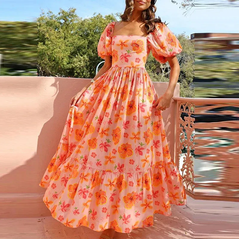 Floral Print High Waisted New 2024 Square Neck Pleated Casual Puff Sleeve Party Summer Elegant Dress