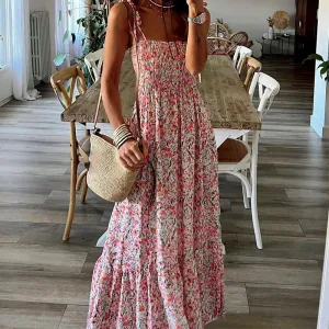 Floral Print Pleats Women's Sexy Slash Neck Strap Long Fashion Summer Sleeveless High Waist Beach Floral Bohemian Dress