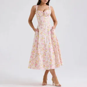 Floral Print Pocket Long Wrap Waist A-line Summer Elegant Dress