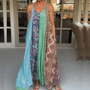 Floral Print Pocket Spaghetti Strap Fashion Lady V Neck Patchwork Long Casual Loose Sleeveless Summer Floral Bohemian Dress