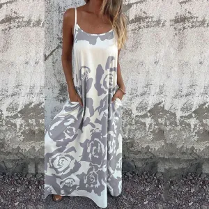 Floral Print Spaghetti Strap 's O-neck Hollow Casual Pocket Long Summer 2024 Dress