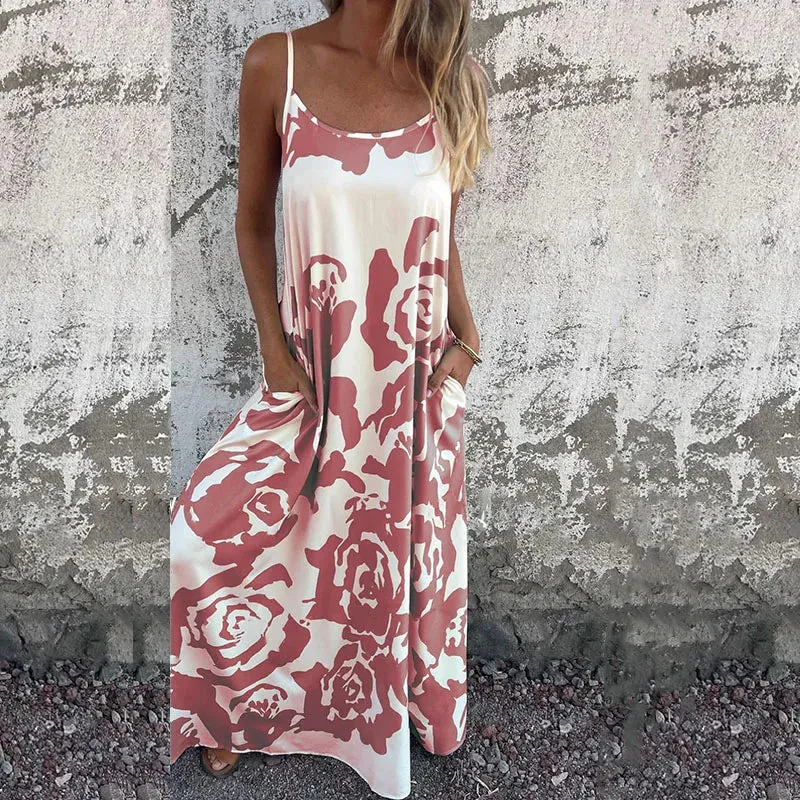 Floral Print Spaghetti Strap 's O-neck Hollow Casual Pocket Long Summer 2024 Dress