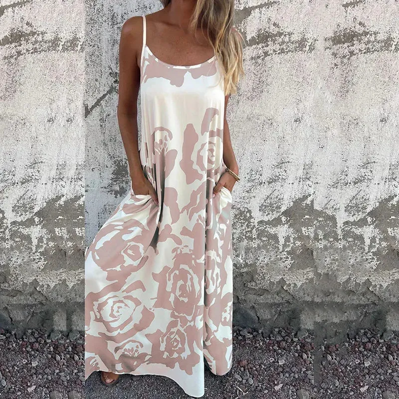 Floral Print Spaghetti Strap 's O-neck Hollow Casual Pocket Long Summer 2024 Dress