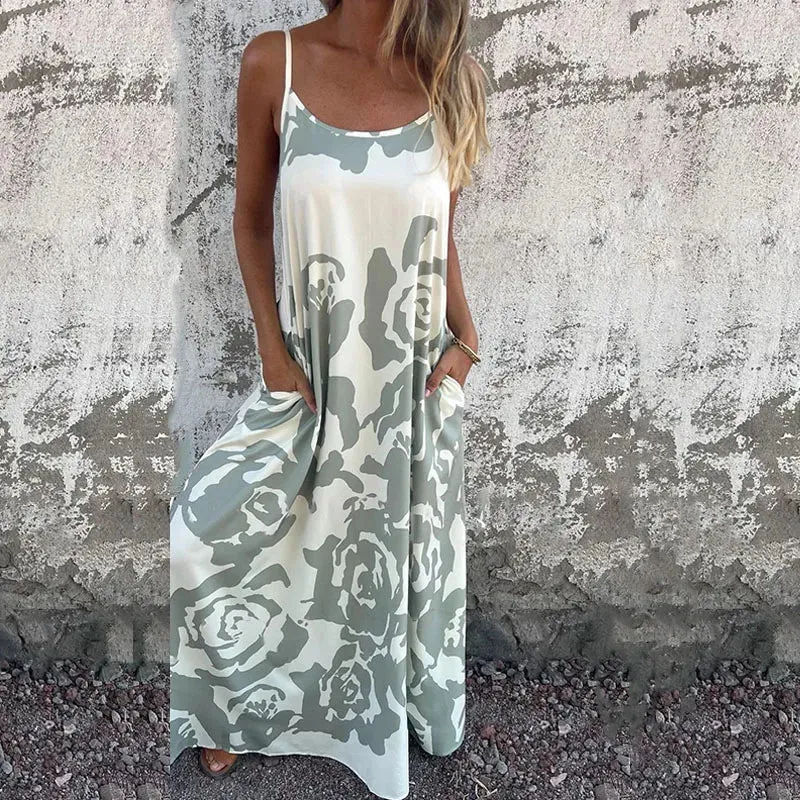 Floral Print Spaghetti Strap 's O-neck Hollow Casual Pocket Long Summer 2024 Dress