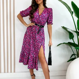 Floral Print V Neck High Waist Split Short-Sleeved Commuting Summer Elegant Dress