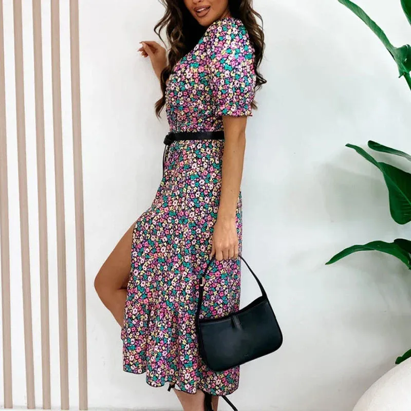 Floral Print V Neck High Waist Split Short-Sleeved Commuting Summer Elegant Dress