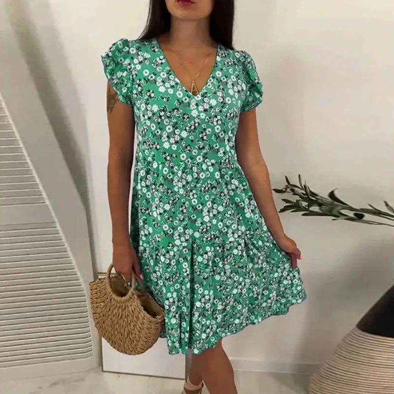 Floral Print V-neck Party 2024 Women Summer Short Sleeved Bohemian Casual High Waist Pleated Commuting Floral Elegant Dress