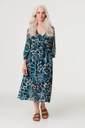 Floral Semi Sheer V-Neck Midi Dress