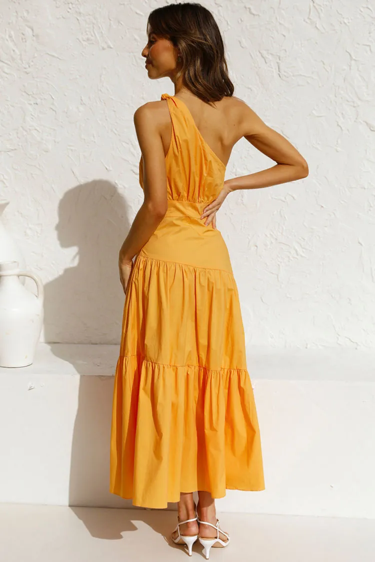 Flowy One Shoulder Tiered Beach Vacation Midi Dress - Yellow