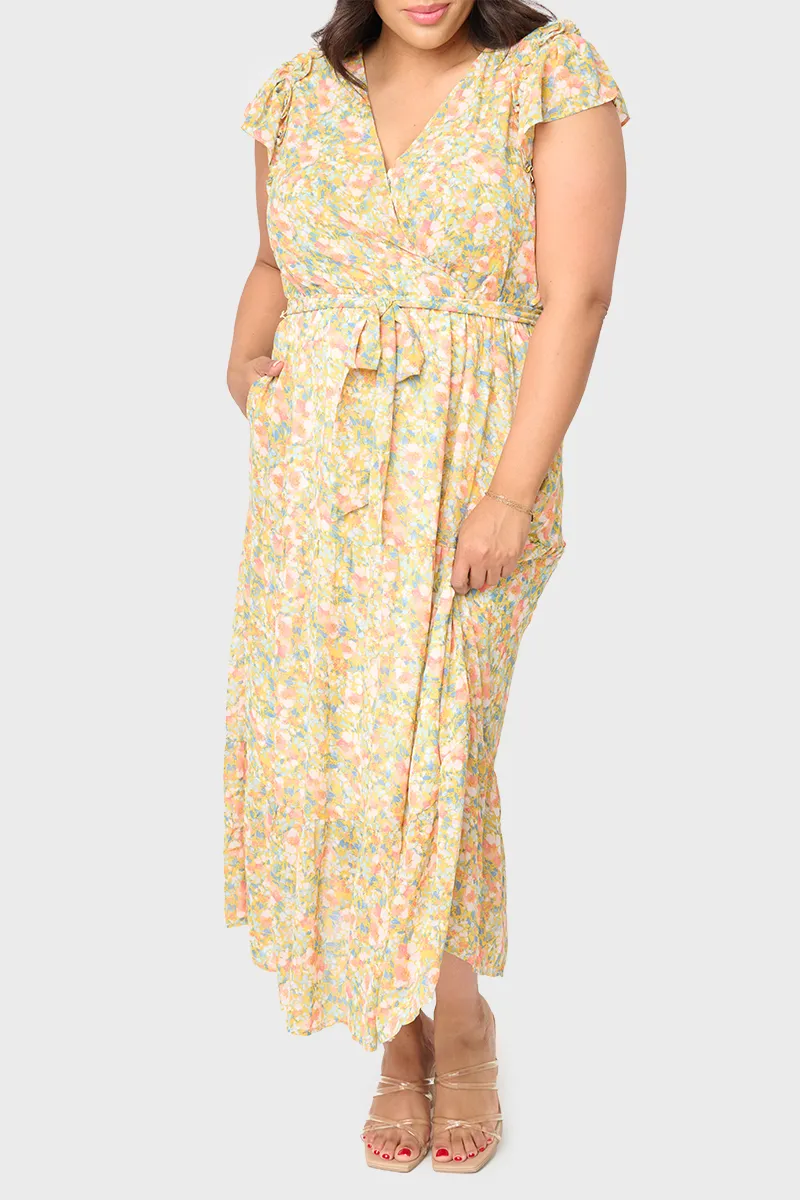 Flutter Sleeve Flowy Surplice Wrap Maxi Dress