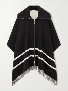 Fringed striped wool-blend jacquard poncho