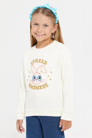 Girls Ivory And Pink Printed Sweatshirt Set (2 Piece)