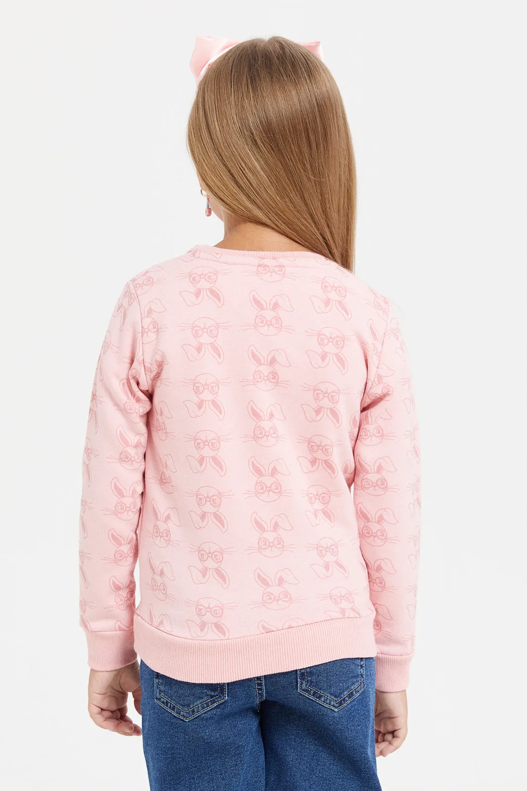 Girls Ivory And Pink Printed Sweatshirt Set (2 Piece)