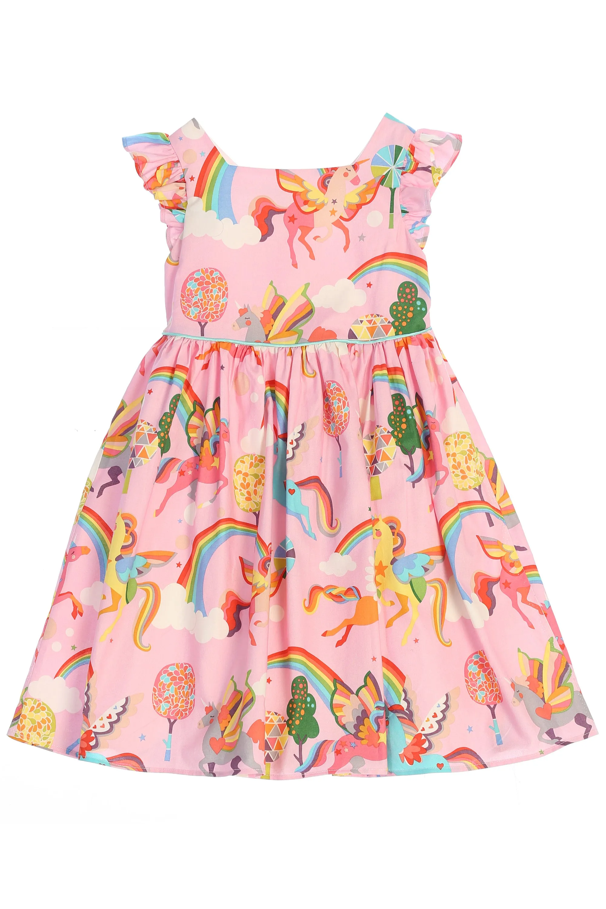 Girls Pink Unicorn Print Butterfly Sleeves Cotton Dress, Sizes 2-14