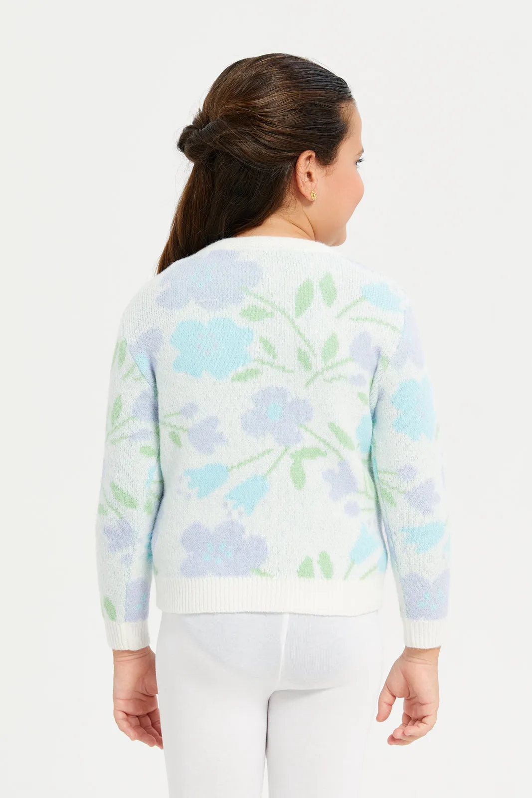 Girls White And Blue Floral Print Pullover