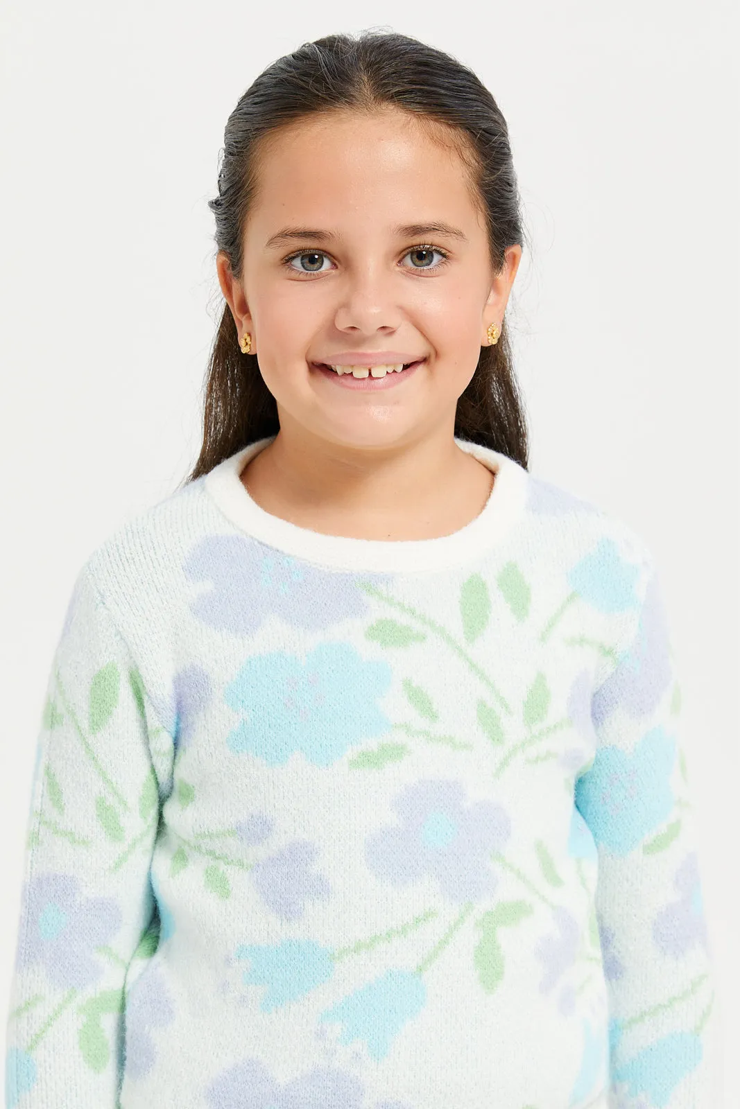 Girls White And Blue Floral Print Pullover